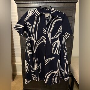 Anthropologie Navy and White Patterned Pollie Short-Sleeve Swing Mini Dress XXS